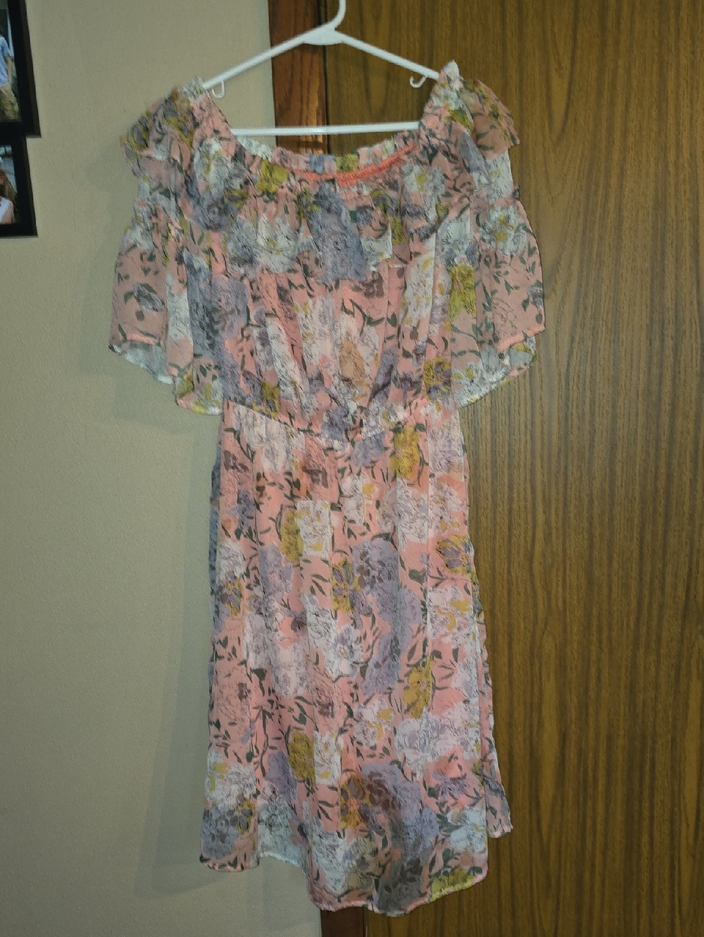 Pink Floral Off-Shoulder Midi Dress with Ruffle Trim